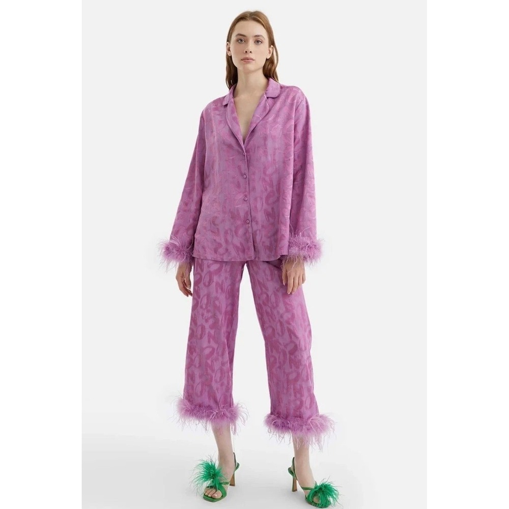 Nocturne Purple Jacquard Feather Trim Pajama Style 2 Piece Set Top Pants Size 38